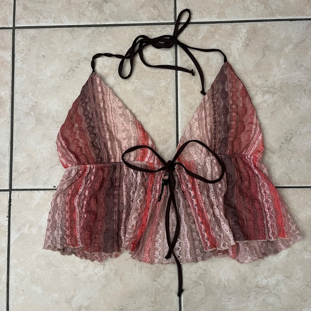 Forever 21 Babydoll Halter Crop Top Small Sheer Cut Away Front Tie Backless Rave